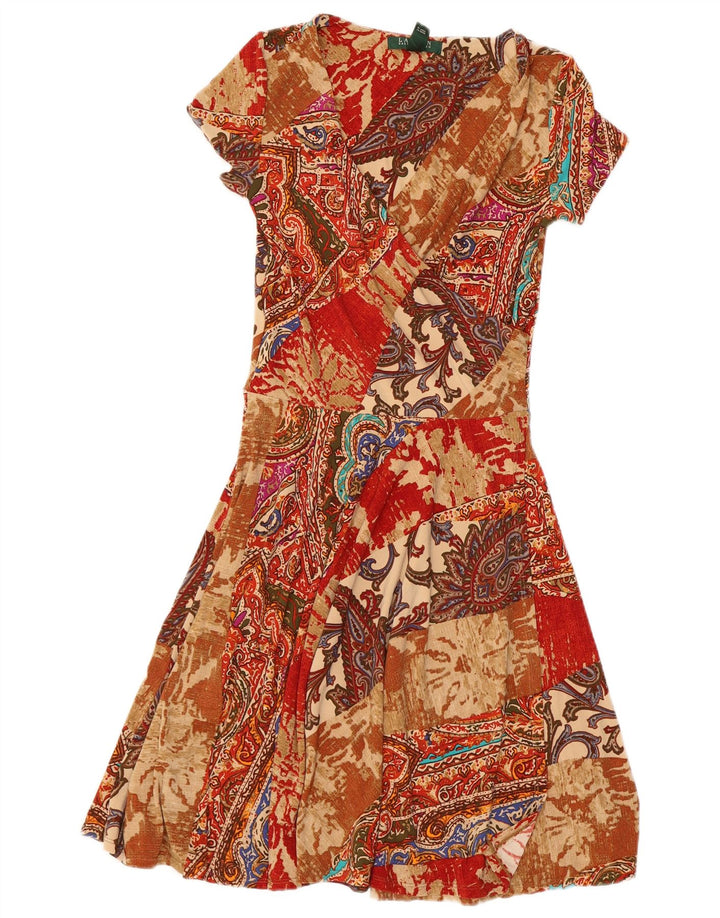 Vestido feminino Ralph Lauren A-Line UK 4 XS marrom paisley poliéster