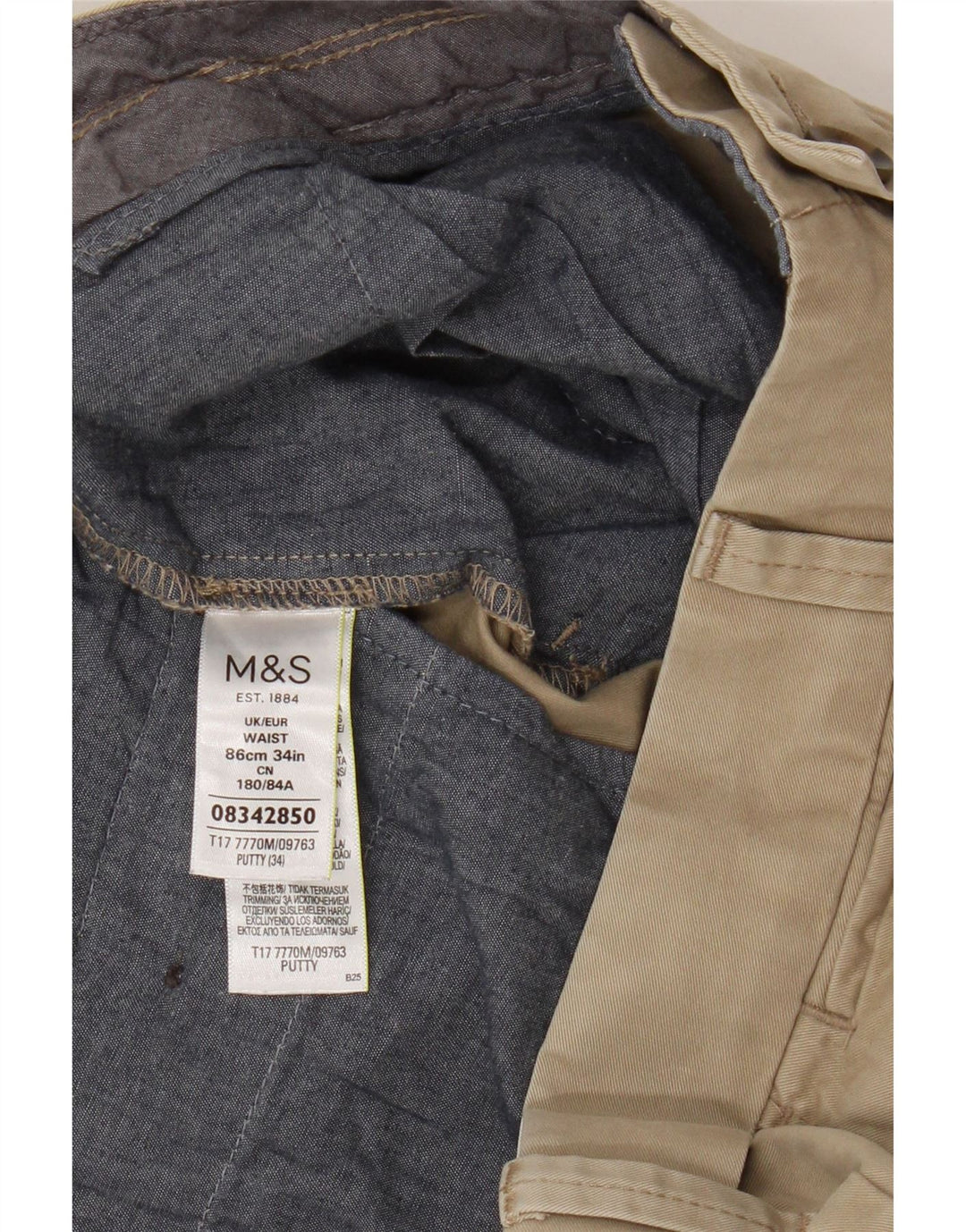 Shorts chino masculino Marks & Spencer W34 grande algodão bege