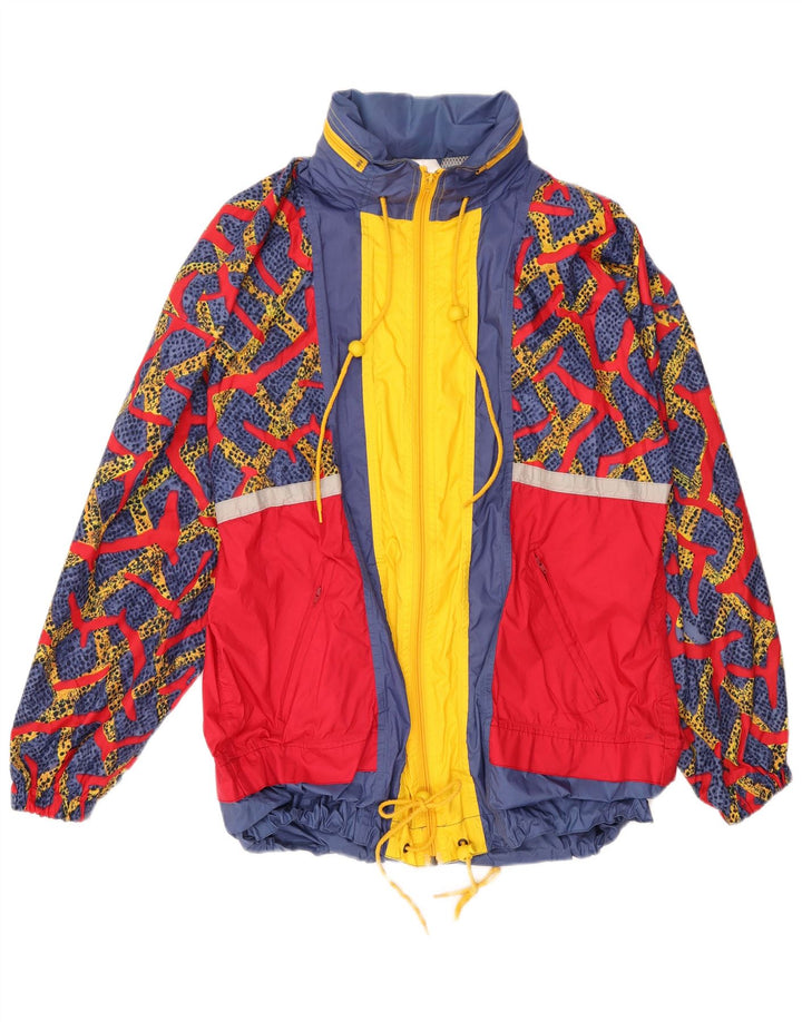 Jaqueta de chuva masculina vintage com capuz UK 40 grande bloco colorido multicolorido