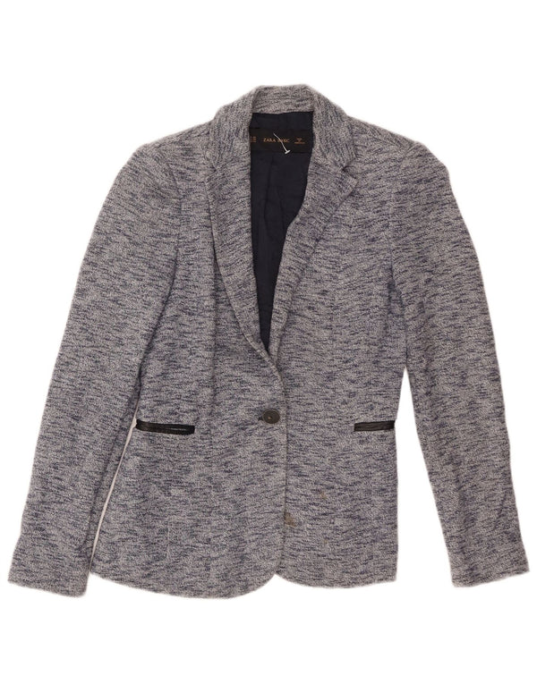 Jaqueta blazer feminina Zara com 1 botão Reino Unido 6 XS azul manchado de algodão