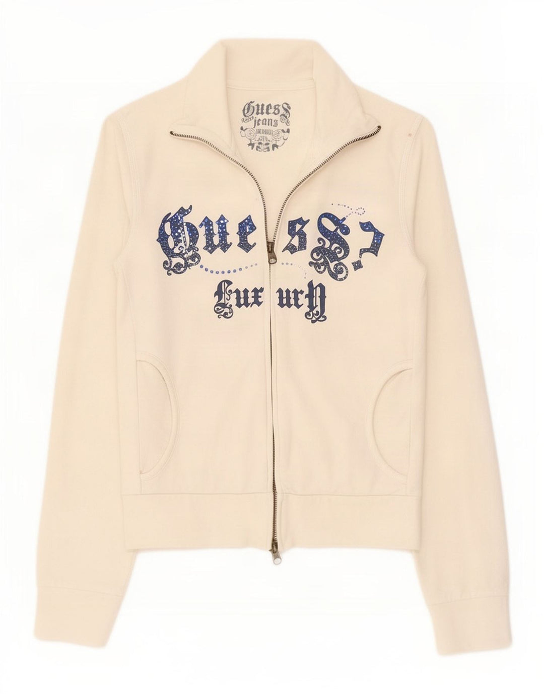 Guess Womens Graphic Tracksuit Top Jacket Reino Unido 10 Pequeno Algodão Branco