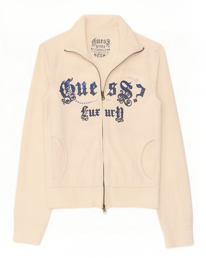 Guess Womens Graphic Tracksuit Top Jacket Reino Unido 10 Pequeno Algodão Branco