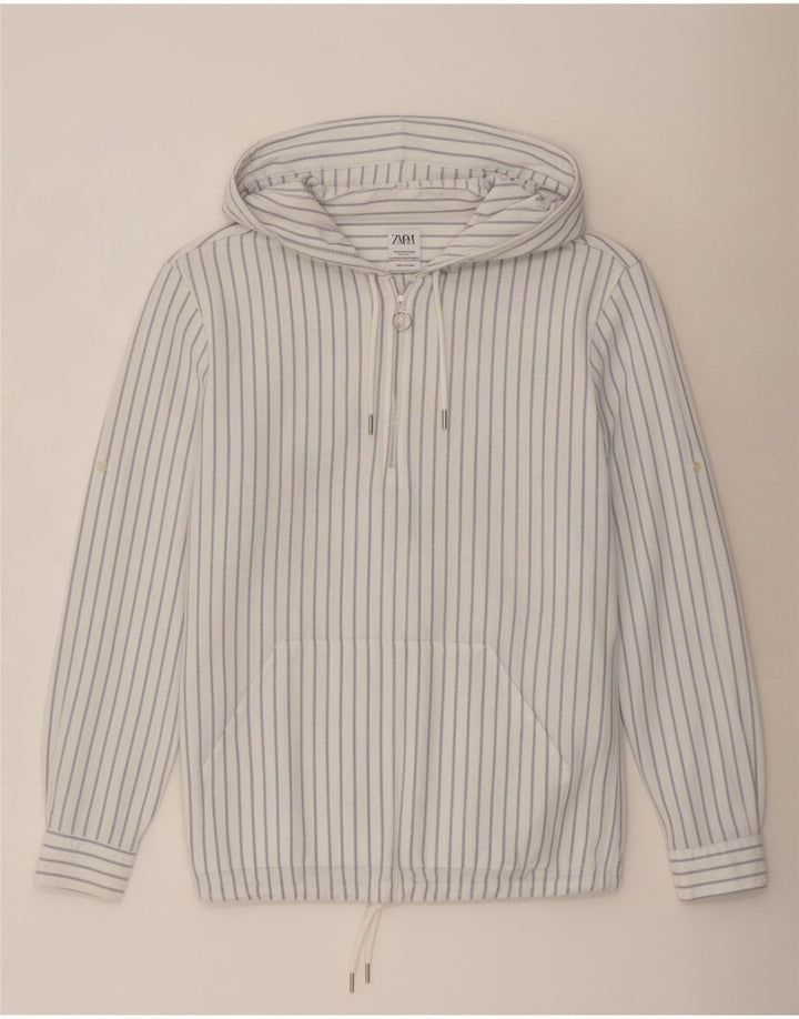 Pulôver masculino Zara com capuz e ajuste relaxado de algodão listrado azul médio