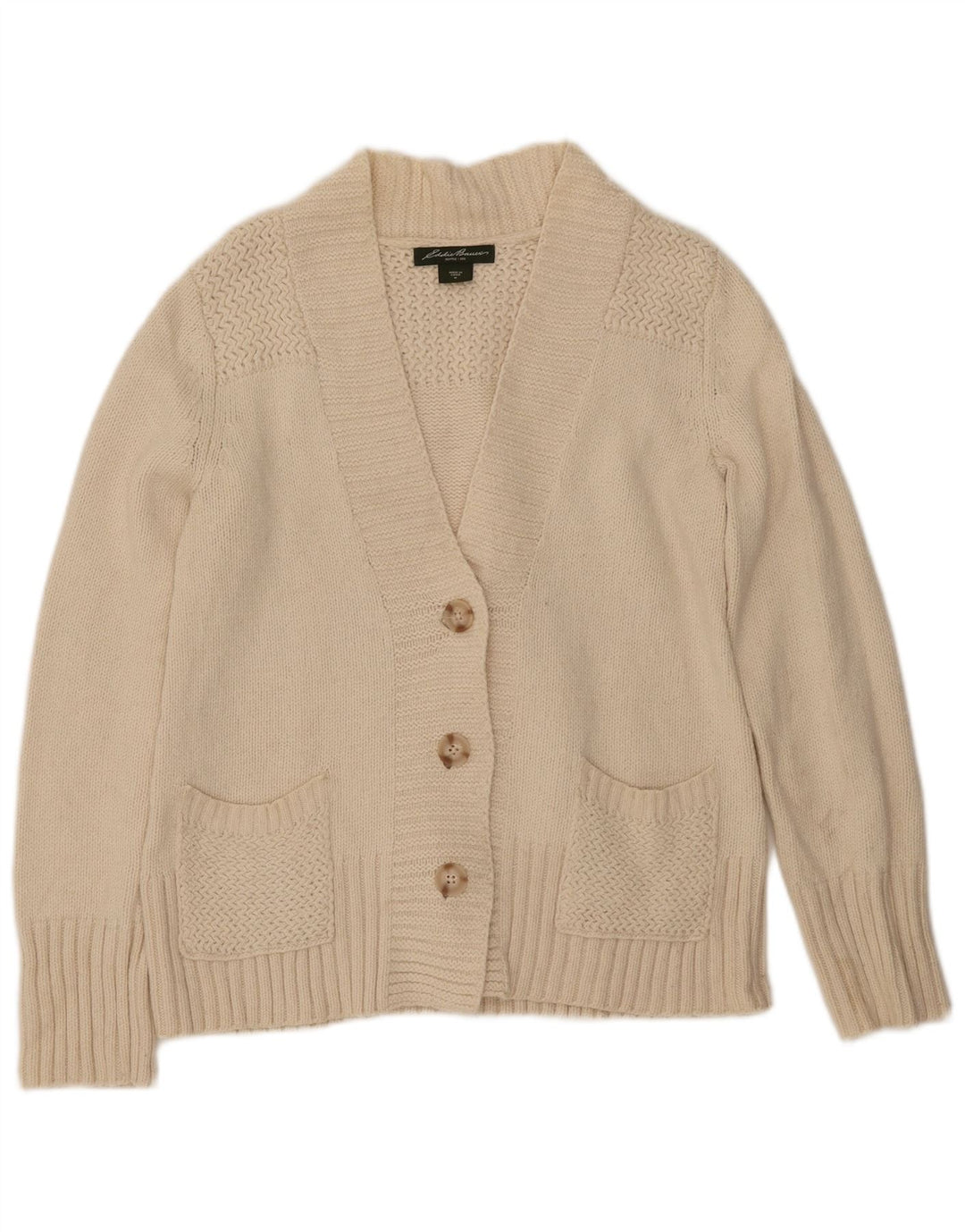 Suéter cardigã feminino EDDIE BAUER UK 14 médio off white algodão