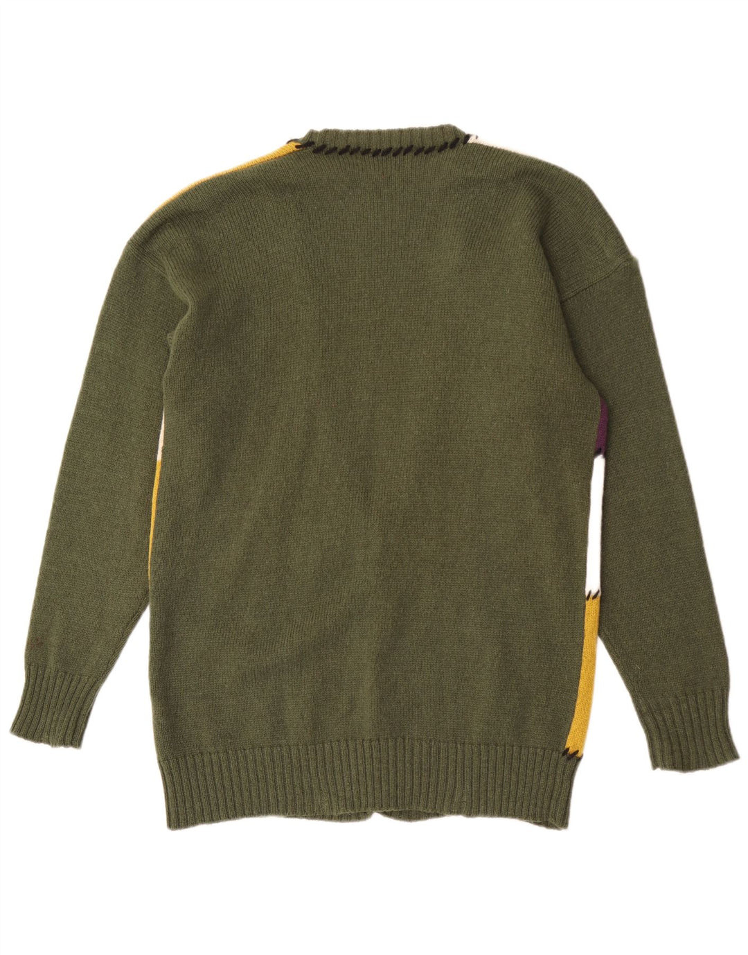 Suéter cardigã gráfico feminino vintage Reino Unido 16 grande lã verde patchwork