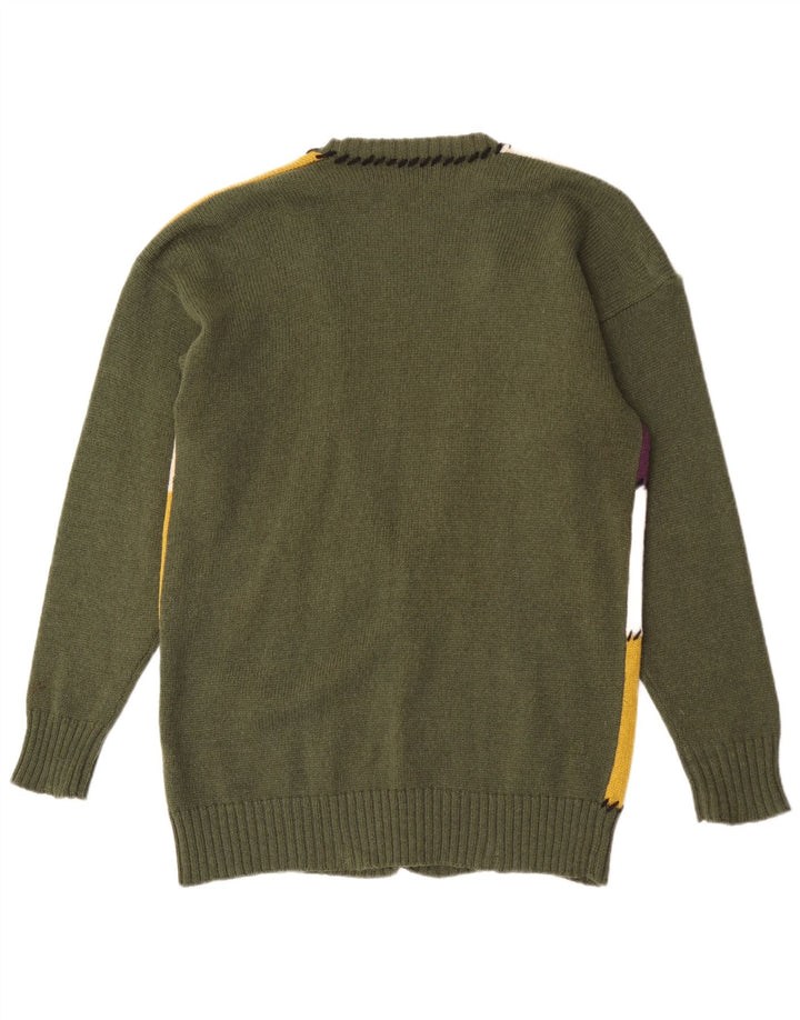 Suéter cardigã gráfico feminino vintage Reino Unido 16 grande lã verde patchwork