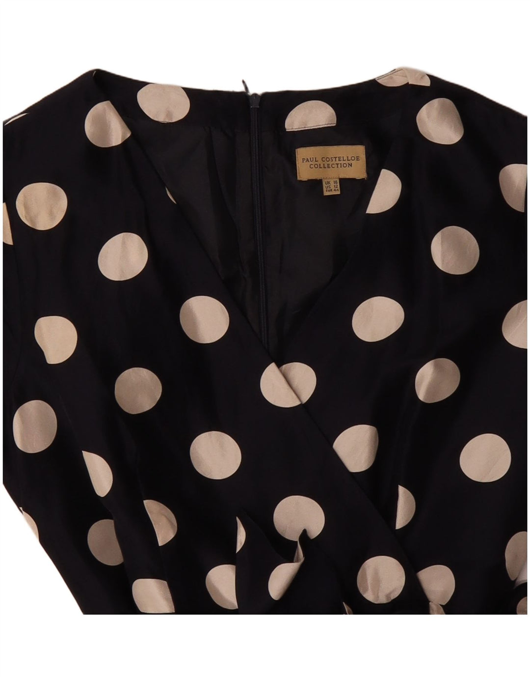 PAUL COSTELLOE Vestido feminino evasê Reino Unido 16 grande seda azul marinho com bolinhas