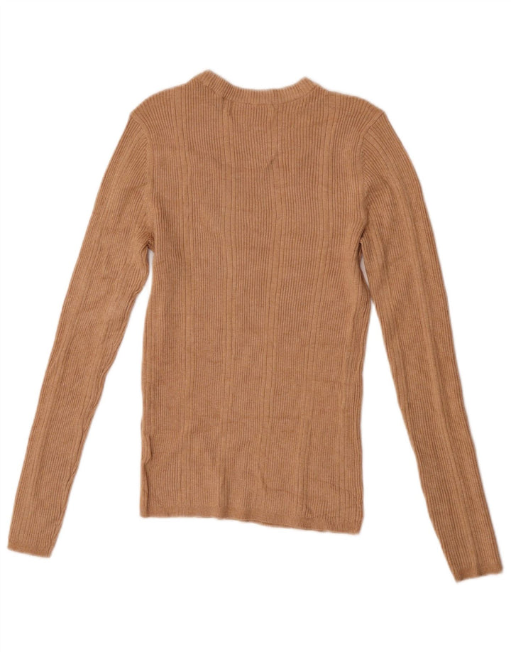 Top feminino Marks & Spencer manga comprida UK 8 pequeno bege viscose