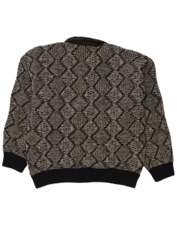 Suéter masculino vintage com gola polo e acrílico geométrico cinza pequeno
