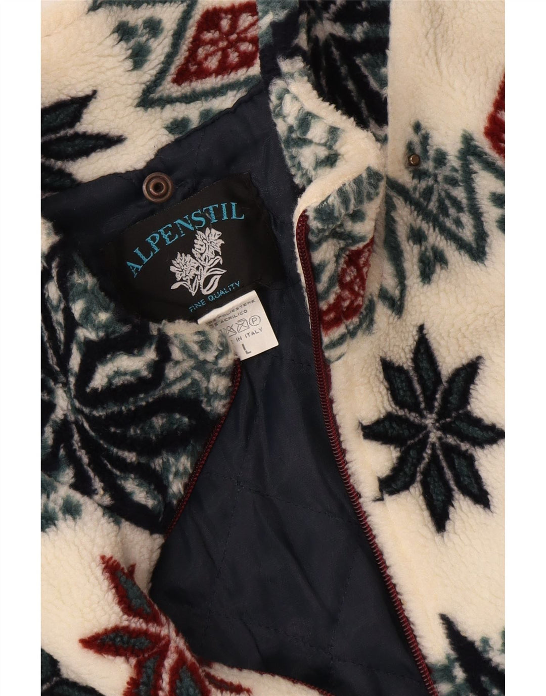 Revestimento de lã masculino vintage Reino Unido 40 grande poliéster Fair Isle branco