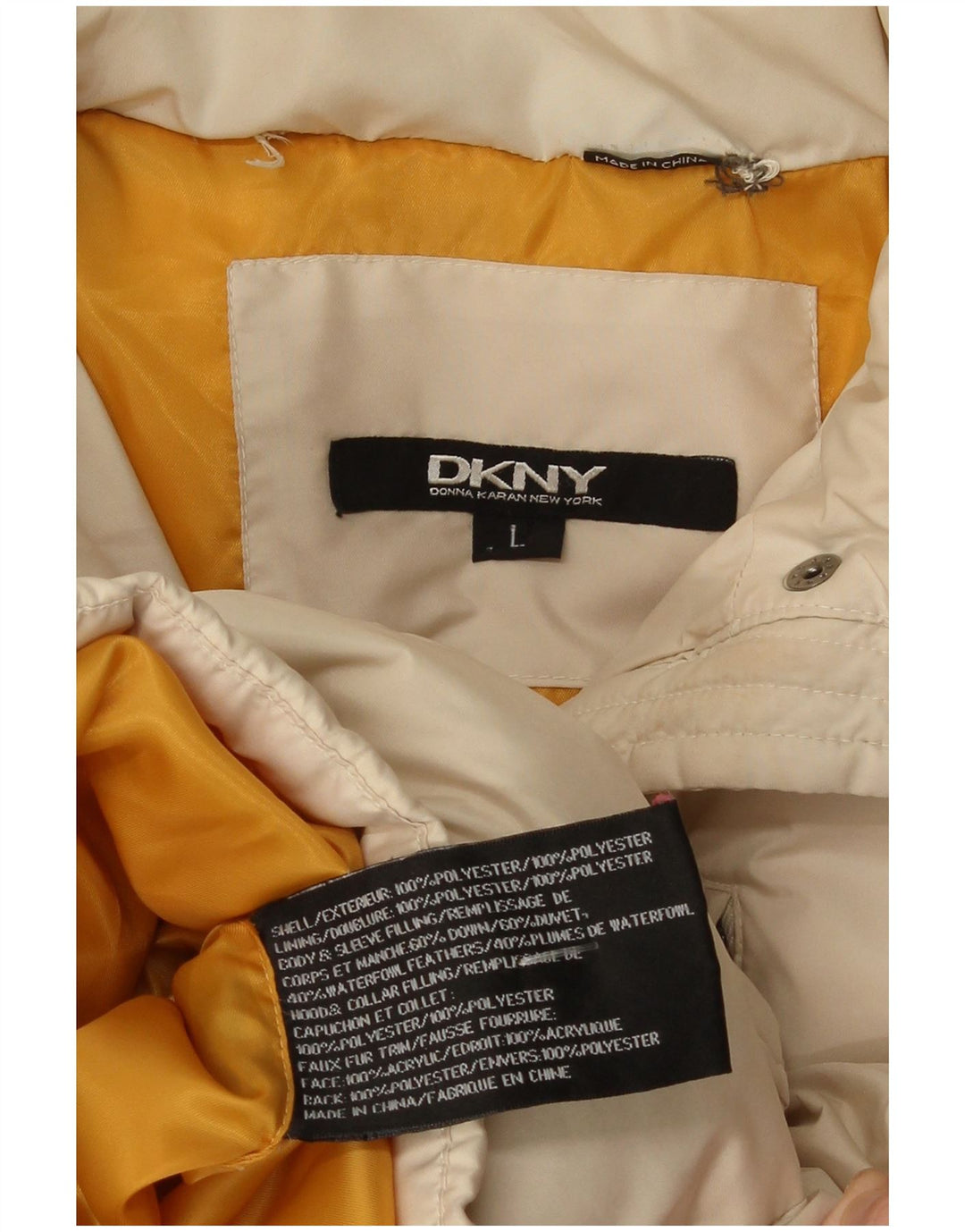 Casaco acolchoado com capuz feminino Dkny UK 14 grande poliéster bege