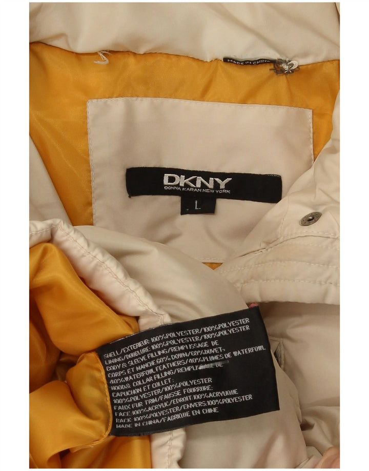 Casaco acolchoado com capuz feminino Dkny UK 14 grande poliéster bege