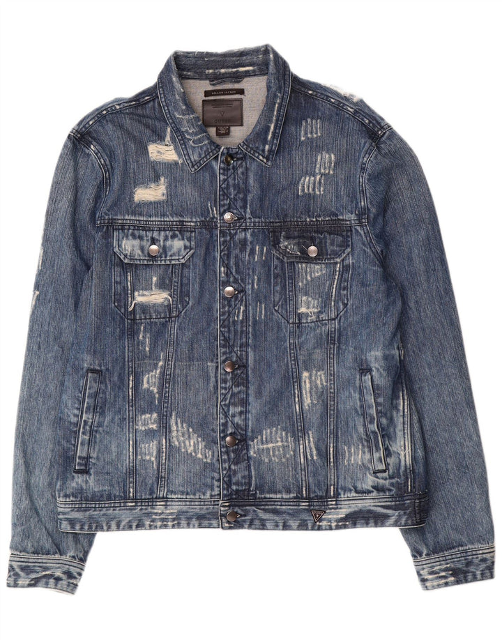 Jaqueta jeans masculina Guess Dillon Graphic Distressed Reino Unido 44 2XL algodão azul