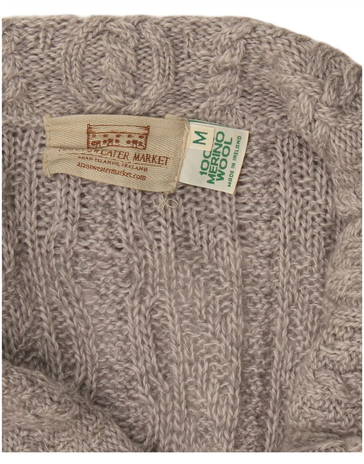 Suéter cardigã feminino com palangre Aran Crafts Reino Unido 12 lã merino cinza médio