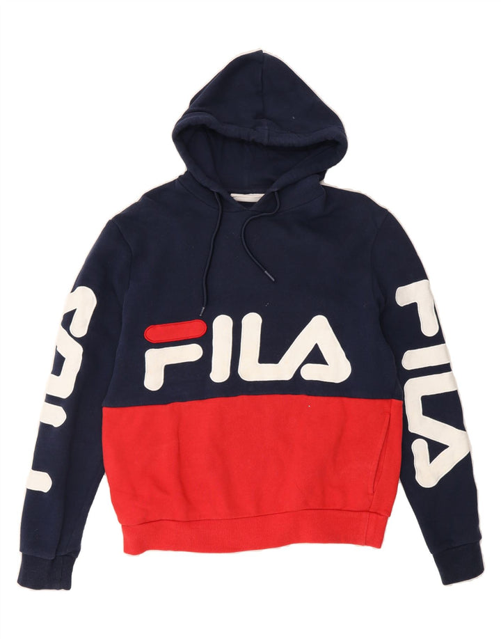FILA Mens Hooded Hoodie Jumper Small Navy Blue Colourblock Cotton Vintage Fila and Second-Hand Fila from Messina Hembry 