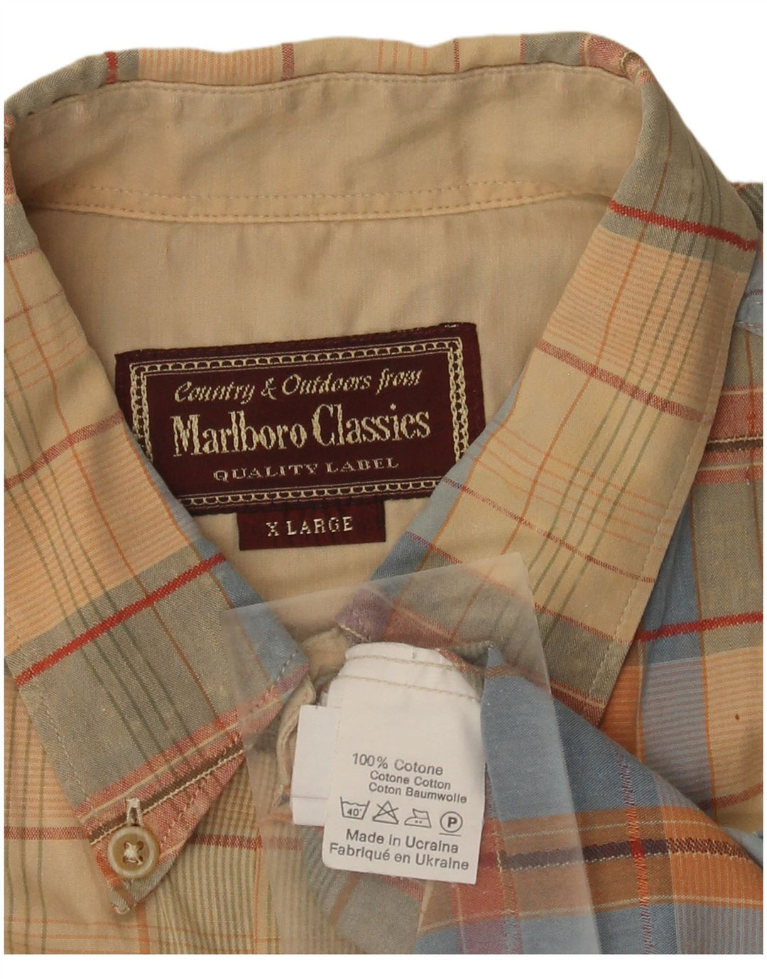Camisa masculina de manga curta Marlboro Classics XL bege xadrez algodão