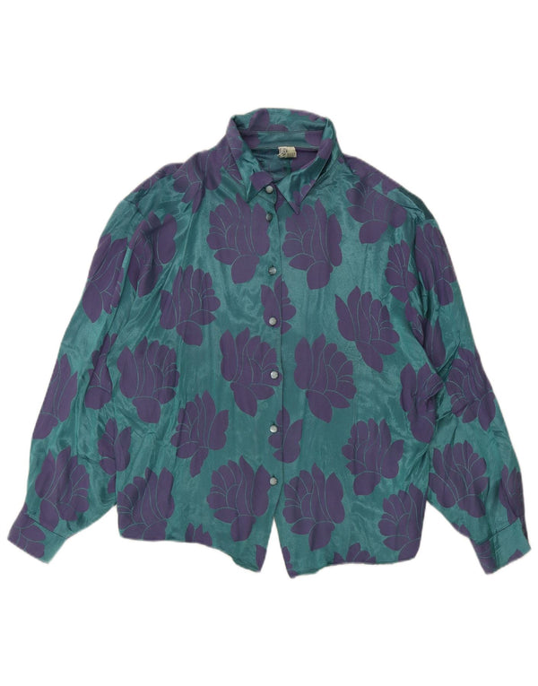 Blusa feminina vintage UK 16 grande acetato floral azul
