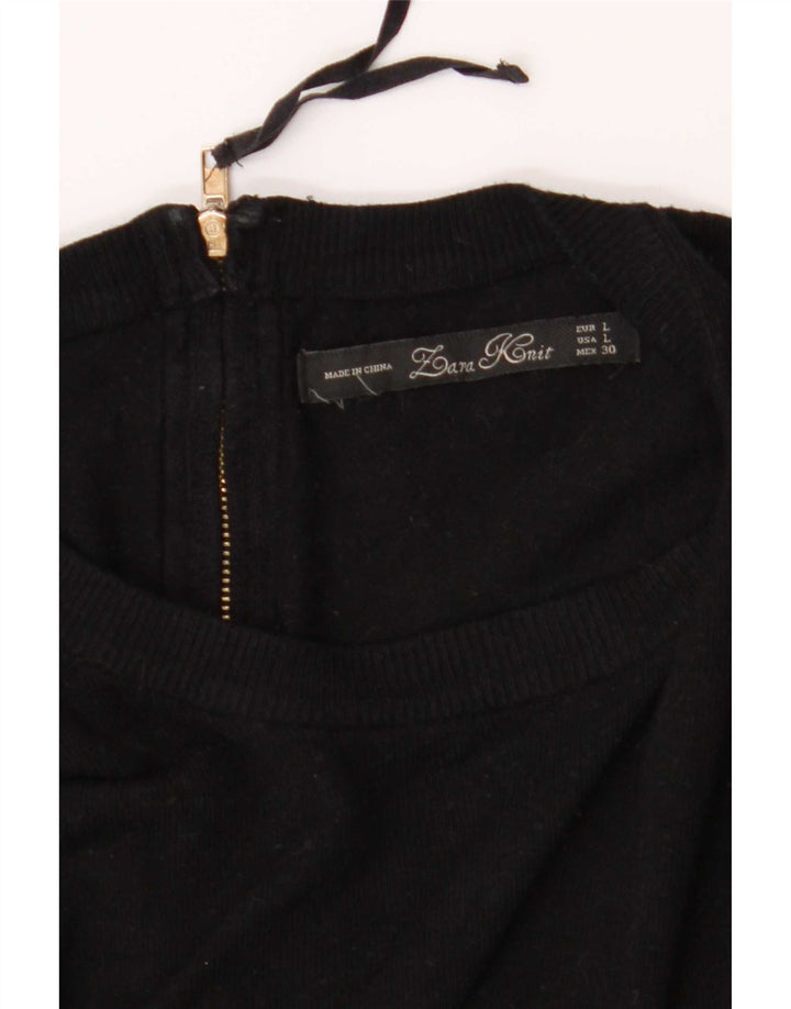 Suéter feminino Zara com gola redonda e botão, Reino Unido 16, grande, preto