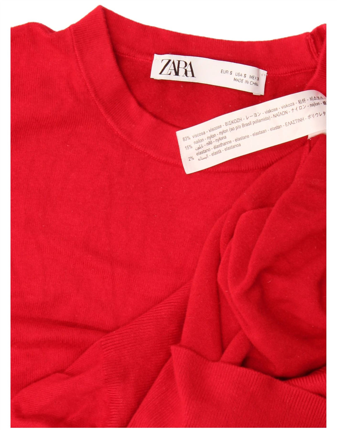 Suéter feminino Zara com gola redonda, Reino Unido 10, viscose vermelha pequena
