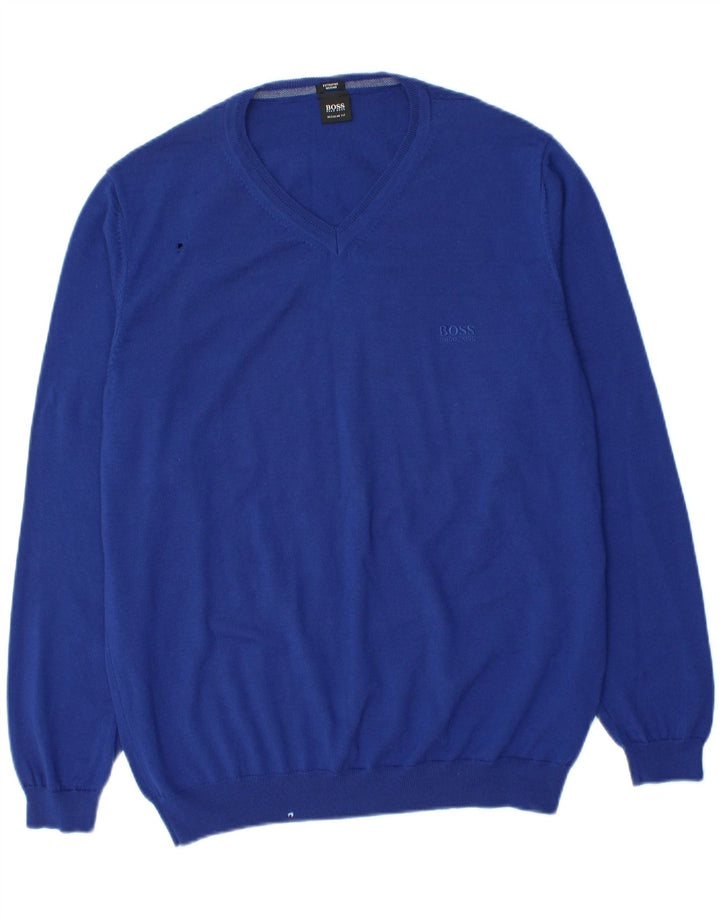 Suéter masculino Hugo Boss com decote em V XL lã virgem azul