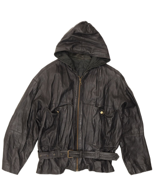 Jaqueta de couro masculina vintage com capuz UK 42 XL preta