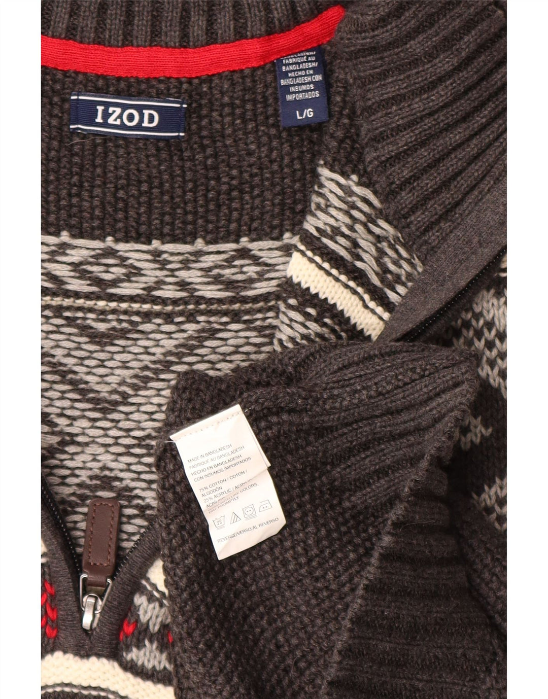 Suéter masculino IZOD com zíper e gola alta, grande, cinza, algodão Fair Isle