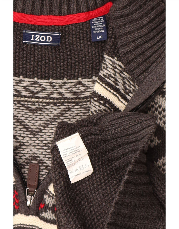 Suéter masculino IZOD com zíper e gola alta, grande, cinza, algodão Fair Isle