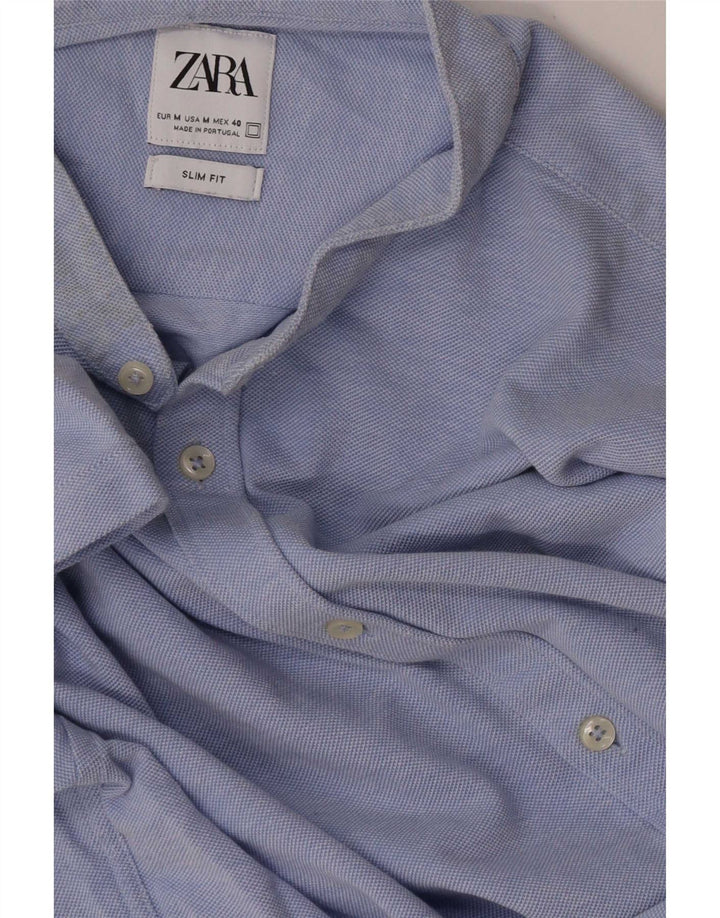 Zara Camisa masculina de manga curta slim fit azul médio