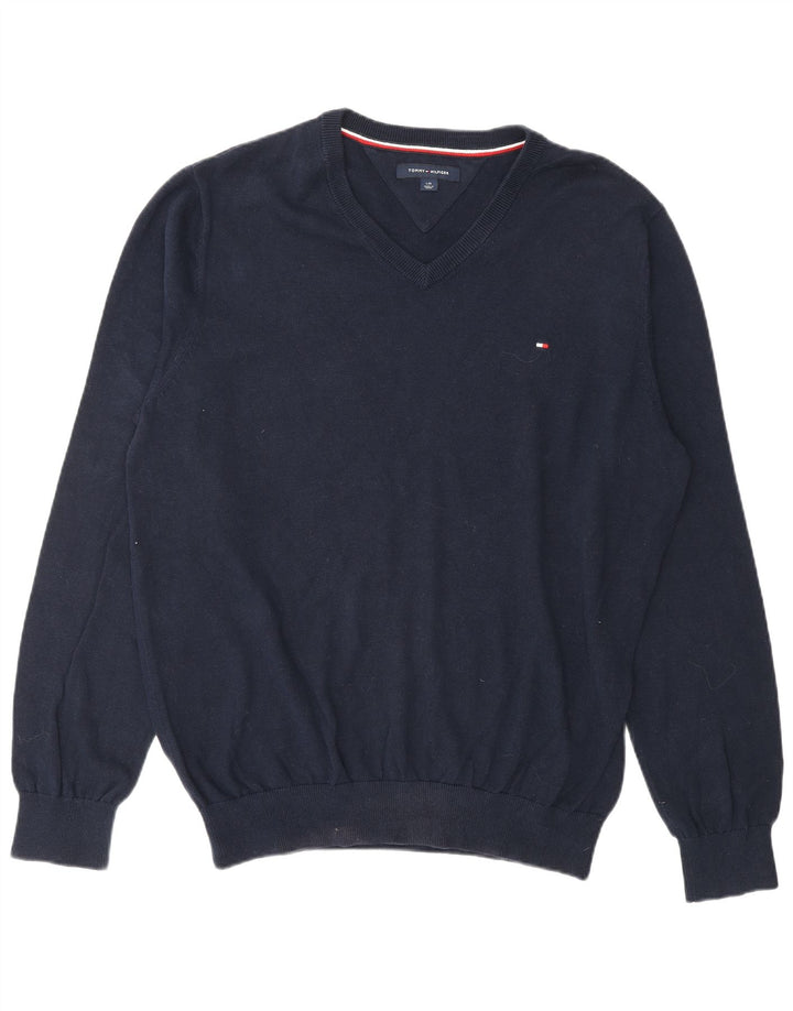 Suéter masculino TOMMY HILFIGER com decote em V grande algodão azul marinho