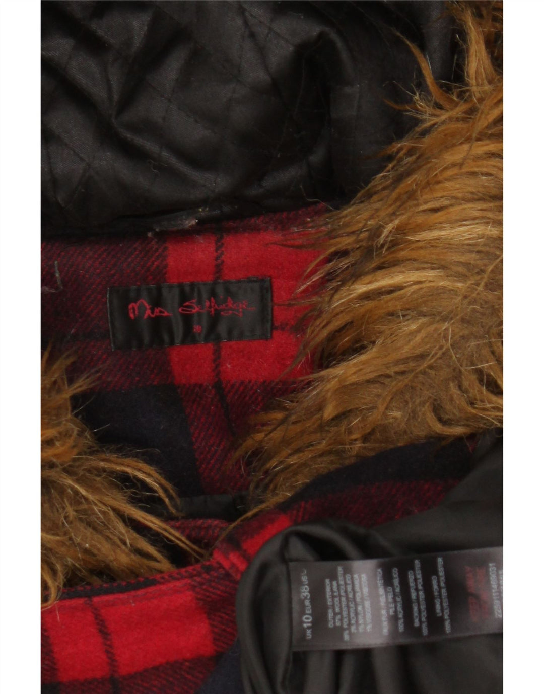 Jaqueta feminina Miss Selfridge com capuz e lã xadrez vermelha pequena Reino Unido 10