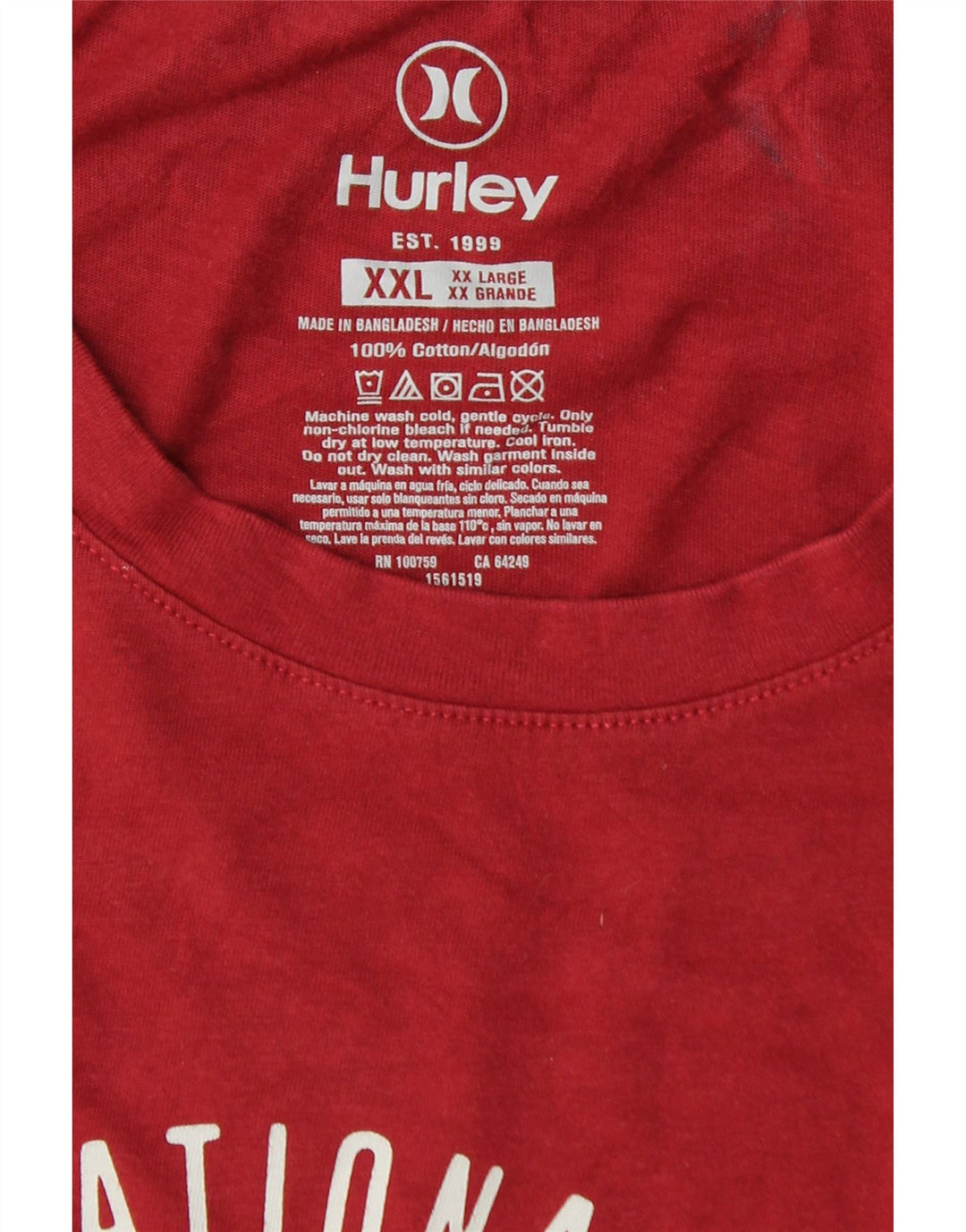 Camiseta gráfica masculina HURLEY Top 2XL algodão vermelho