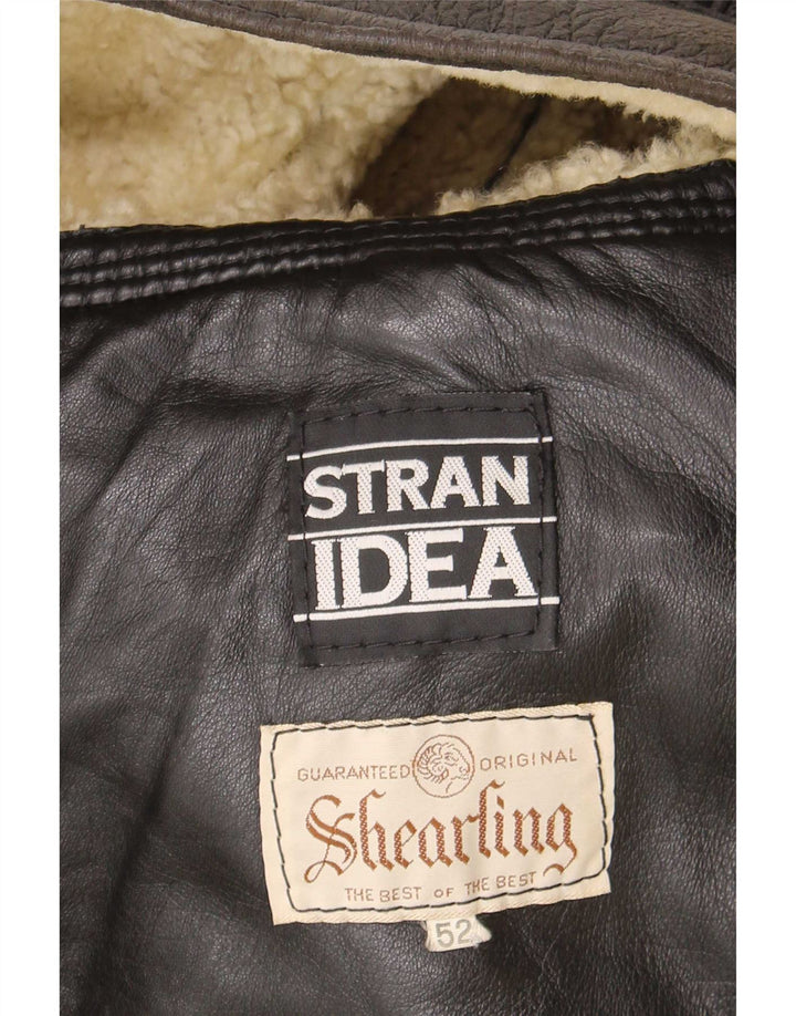 Jaqueta masculina vintage shearling IT 52 XL couro marrom