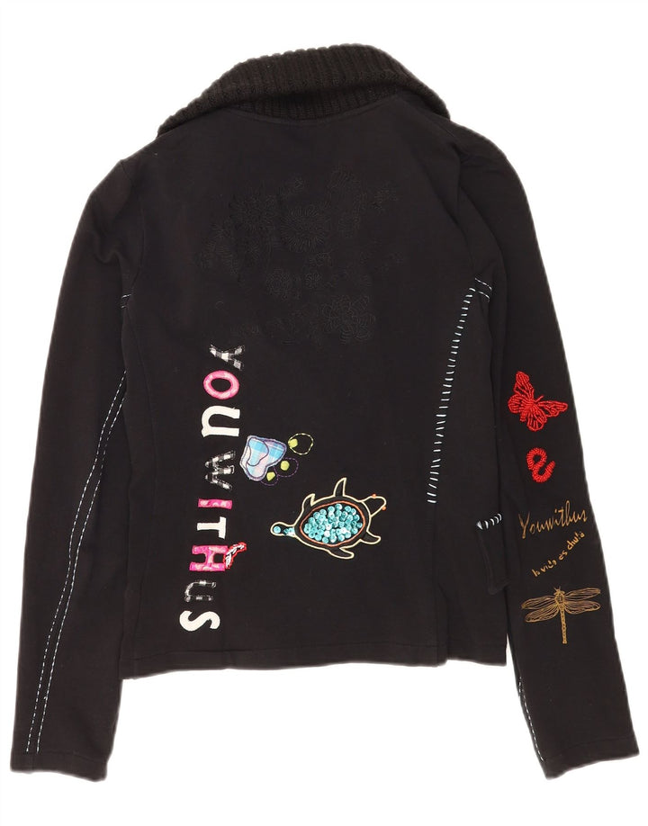 Jaqueta blazer feminina vintage gráfica com 2 botões Reino Unido 12 médio preto floral
