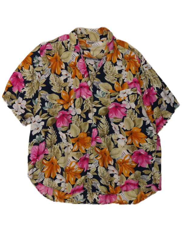 Camisa feminina vintage de manga curta UK 18 XL floral multicolorido