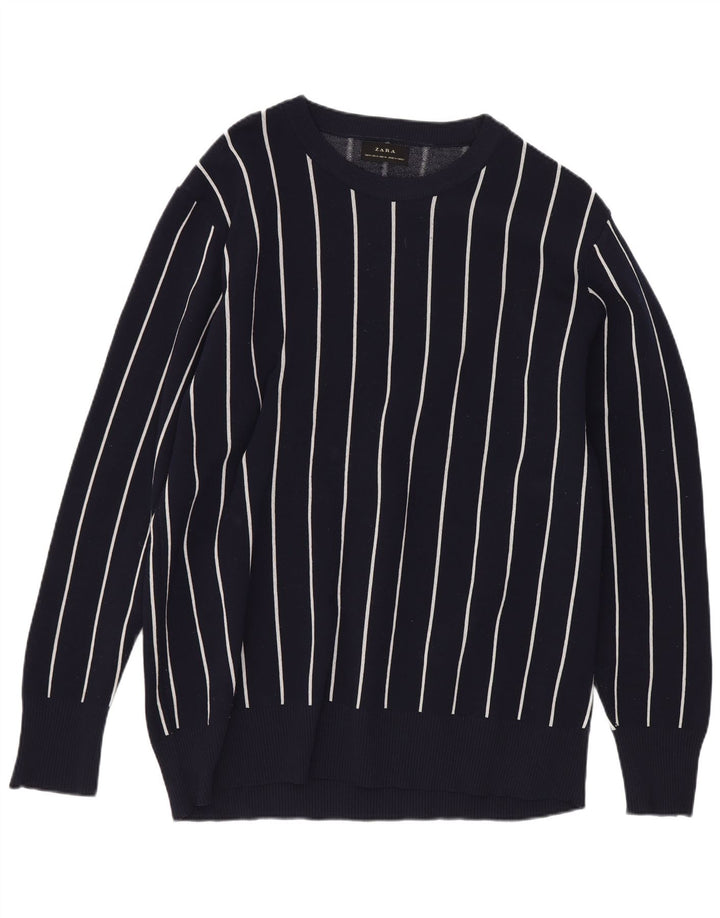 Zara Suéter masculino regular com gola canoa listrado médio azul marinho