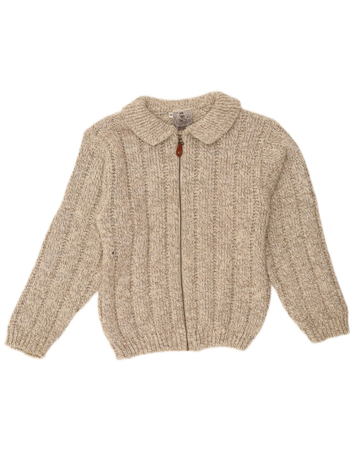 Suéter cardigã feminino vintage Reino Unido 14 lã manchada marrom médio