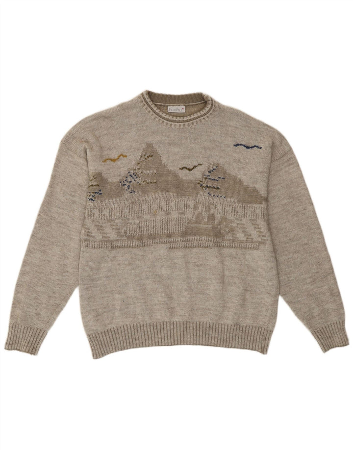Suéter vintage masculino com gola redonda, retrô cinza médio geométrico