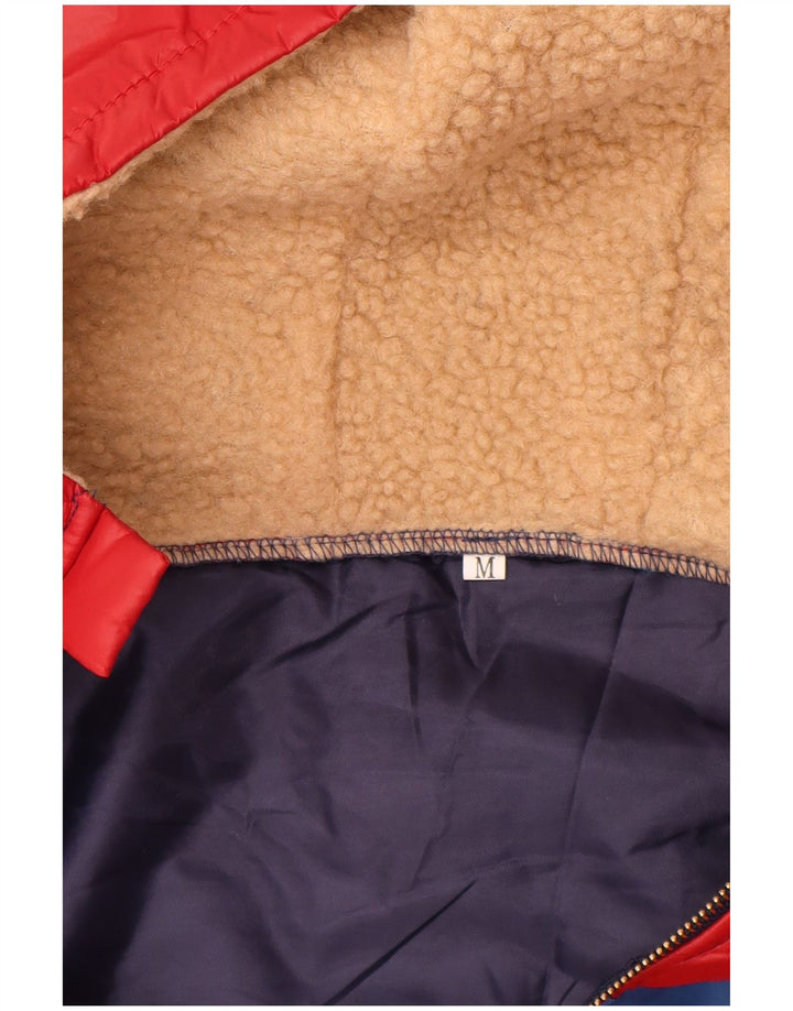 Jaqueta acolchoada com capuz feminino vintage UK 14 bloco colorido azul médio