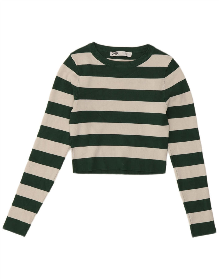 Top cropped feminino Zara manga comprida UK 12 viscose listrada verde médio