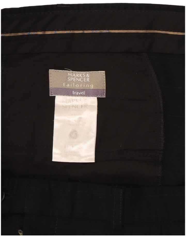 Calça masculina de terno reto Marks & Spencer W44 L31 azul marinho xadrez lã