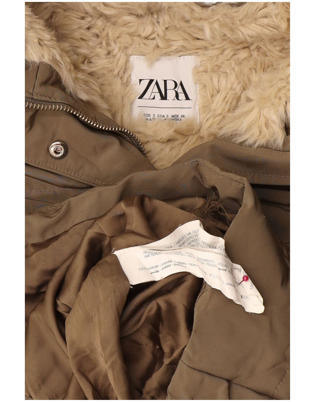 Zara Jaqueta feminina com capuz Sherpa acolchoada Reino Unido 10 poliéster cáqui pequeno