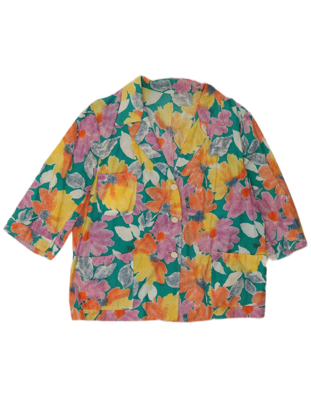 Jaqueta blazer feminina vintage com 3 botões Reino Unido 16 grande floral multicolorido