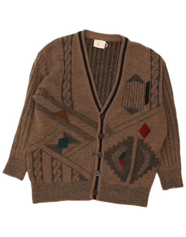 Suéter cardigã masculino vintage Reino Unido 34/36 poliacrílico geométrico marrom pequeno