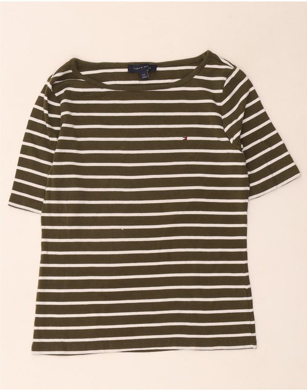 Camiseta feminina Tommy Hilfiger UK 14 grande algodão listrado cáqui