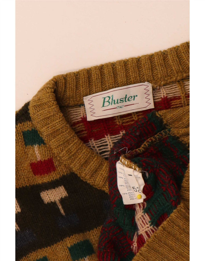 Bluster Suéter masculino com gola redonda IT 52 grande lã geométrica marrom