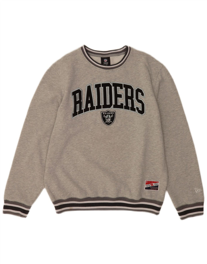 New Era Mens Raiders Graphic Moletom Jumper Médio Cinza Listrado Algodão