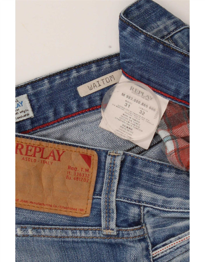 Replay Mens Waitom Distressed Straight Jeans W31 L32 Azul Algodão