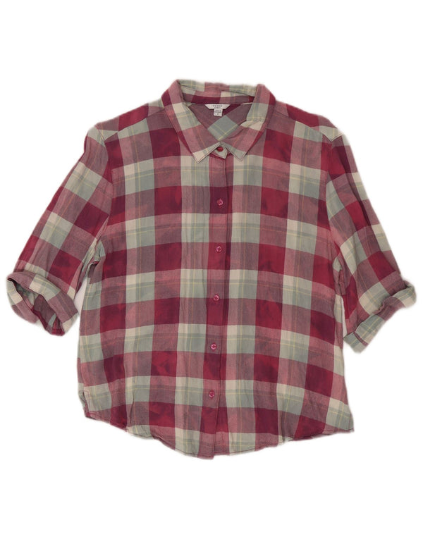 Guess Camisa feminina de flanela com manga 3/4 solta Reino Unido 10 pequena xadrez vermelha