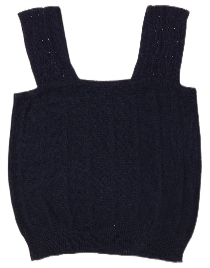 Top feminino vintage de malha cropped Reino Unido 8 pequeno azul marinho