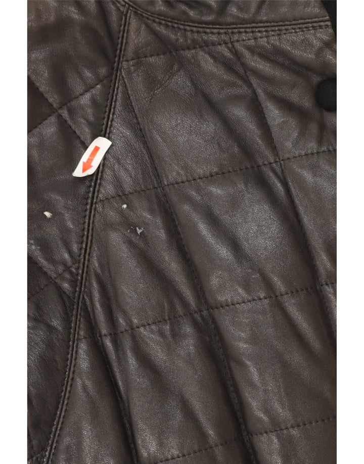 Casaco de couro acolchoado feminino vintage UK 12 médio preto
